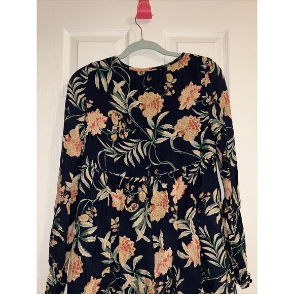 Sezane Dress Navy Blue Tropical Floral Print Long Sleeve Button Front Mini Short - Picture 9 of 10